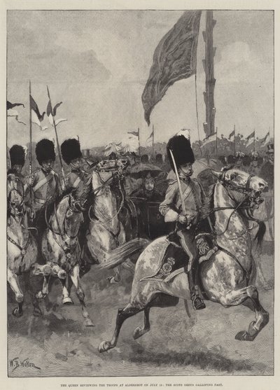 La reine passant en revue les troupes à Aldershot le 13 juillet, les Scots Greys galopant - William Barnes Wollen